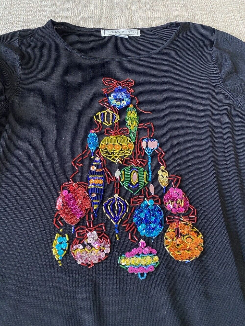 LUCIA BURNS Embellished Christmas Holiday Sweater Top Sequin Beaded L